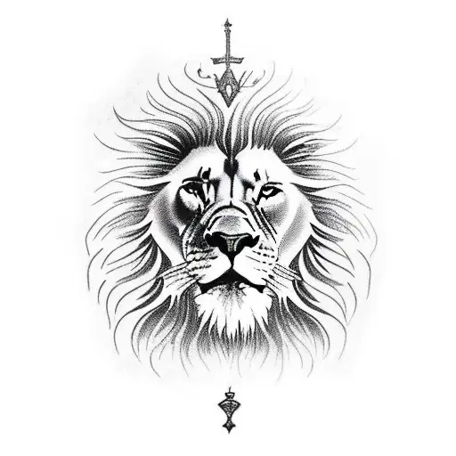 A majestic lion standing in front of a medieval castle tattoo design idea