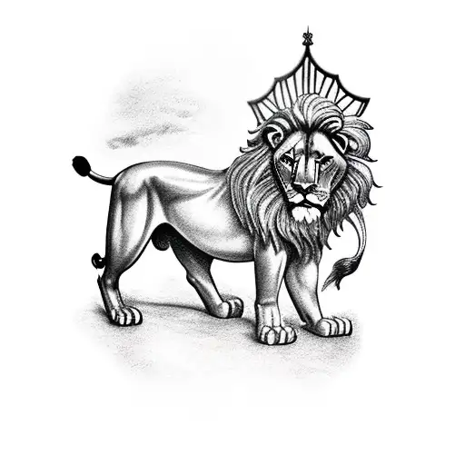 A majestic lion standing in front of a medieval castle tattoo design idea