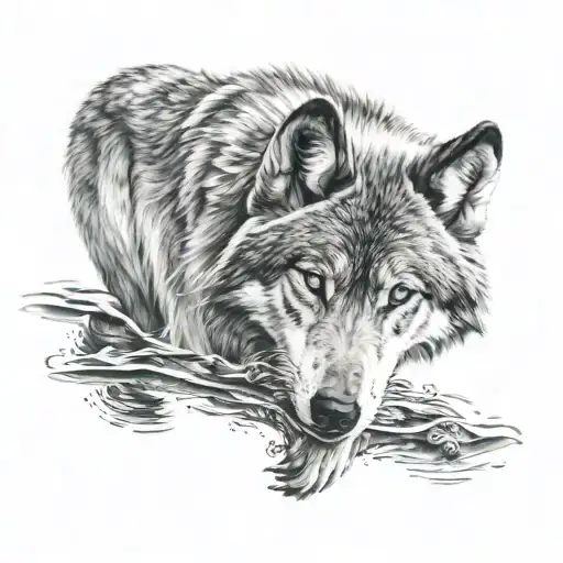 Wolf with blue eyes looking to water to see bigger himself tattoo design idea