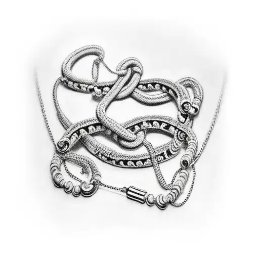 black and white chain that wraps around a bicep and has a cornicello and mano cornuto on it tattoo design idea