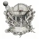 A basketball court surrounded by Italian marble statues underwater tattoo design idea