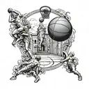 A basketball court surrounded by Italian marble statues underwater tattoo design idea
