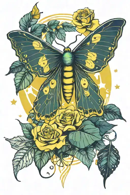 night sky with stars, monstera leaves, Luna moth, spider in web, yellow rose tattoo design idea