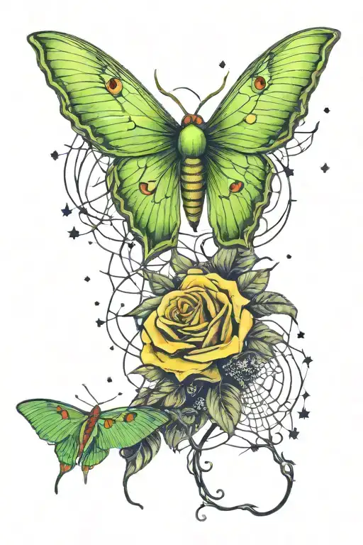 Luna moth, spider in web, night sky with stars, yellow rose tattoo design idea