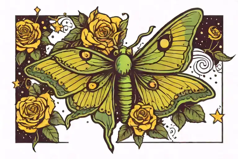 Luna moth, spider in web, night sky filled with stars, monstera leaves, yellow rose tattoo design idea