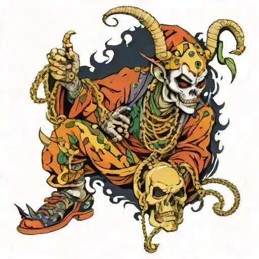 full body jester with skull face with chains forming tattoo design idea