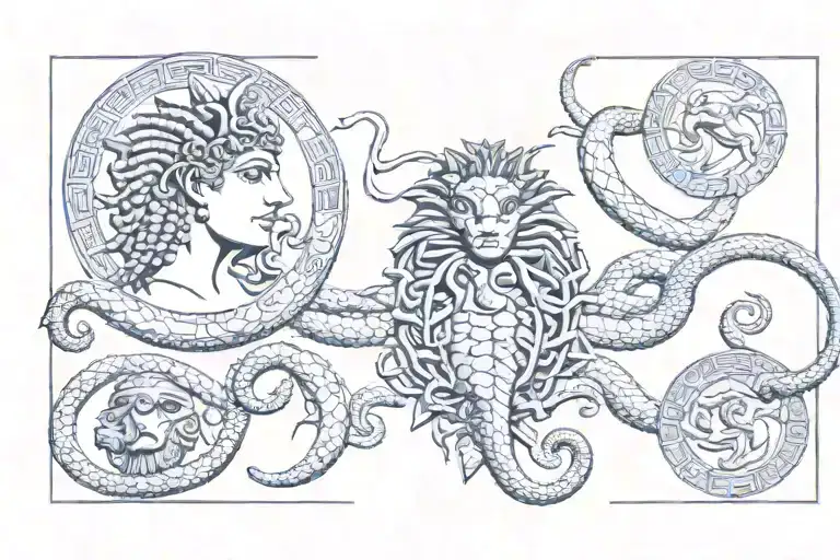 Medusa, snake, dragon, Apollo, history, Egyptian pyramids tattoo design idea