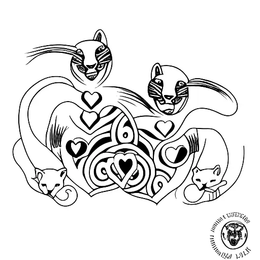A minimalist tattoo of two jaguars holding a heart together, representing the love and unity of your twin daughters tattoo design idea
