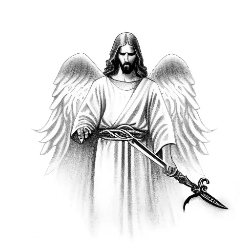 angel with sword and Jesus on top tattoo design idea