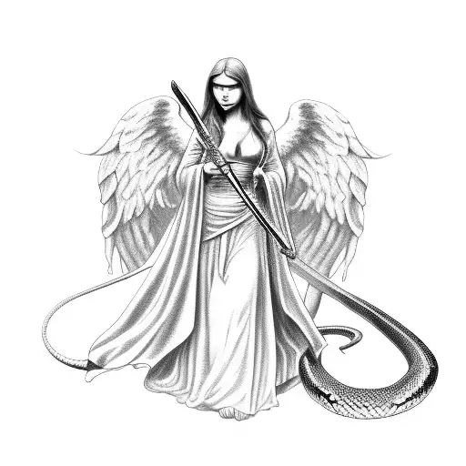 angel with sword killing snake tattoo design idea