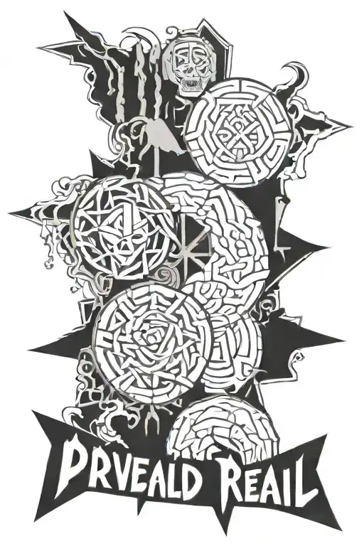 I prevail metal band tattoo combining their album covers true power and trauma tattoo design idea