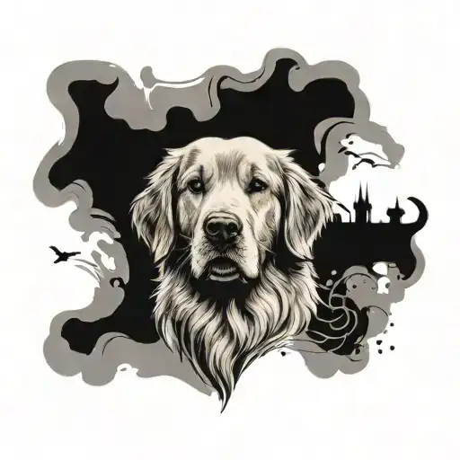 golden retriever surrounded tattoo design idea