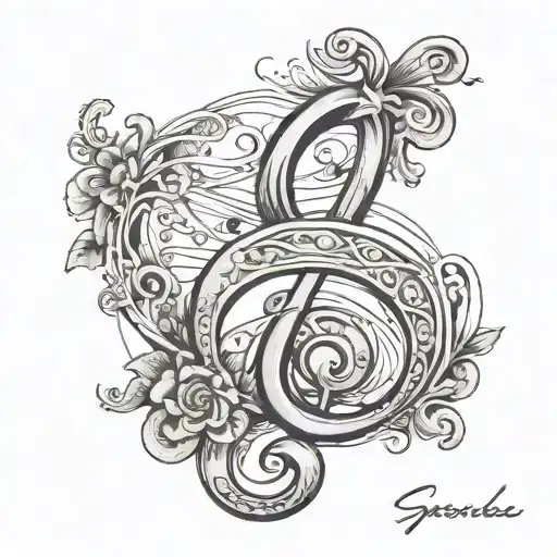 the word 'Synchronicity',  hand-written, the letter 'S' as a reversed treble clef, design in a calligraphy style, fine l tattoo design idea