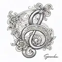 the word 'Synchronicity',  hand-written, the letter 'S' as a reversed treble clef, design in a calligraphy style, fine l tattoo design idea