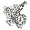 the word 'Synchronicity',  hand-written, the letter 'S' as a reversed treble clef, design in a calligraphy style, fine l tattoo design idea