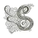 the word 'Synchronicity',  hand-written, the letter 'S' as a reversed treble clef, design in a calligraphy style, fine l tattoo design idea