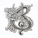 the word 'Synchronicity',  hand-written, the letter 'S' as a reversed treble clef, design in a calligraphy style, fine l tattoo design idea