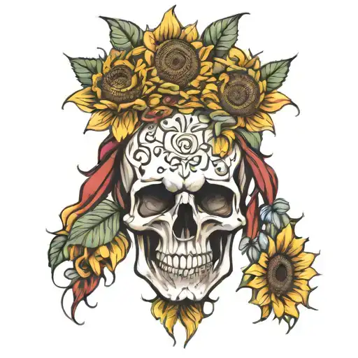 skull and sunflowers  tattoo design idea