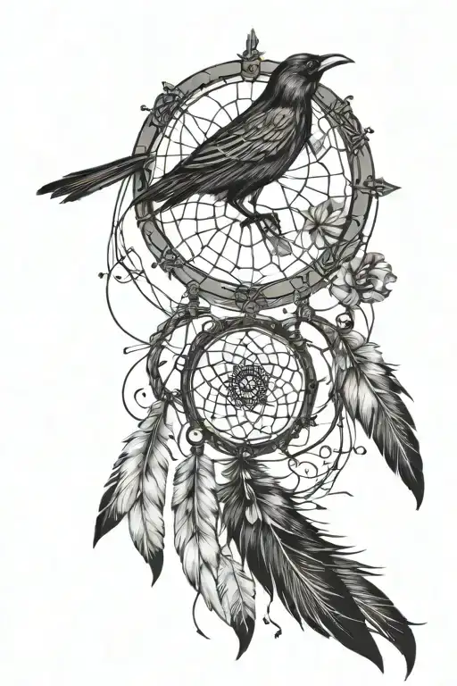 dream catcher with beautiful black bird with wings expanded in the middle with music notes and lose feathers dangling  tattoo design idea