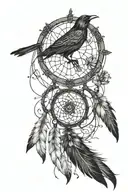 dream catcher with beautiful black bird with wings expanded in the middle with music notes and lose feathers dangling  tattoo design idea