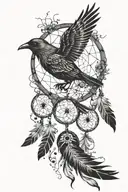 dream catcher with beautiful black bird with wings expanded in the middle with music notes and lose feathers dangling  tattoo design idea