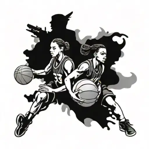 A tattoo design merging the symbols of a mother, daughter soldier, and son basketball player in a cohesive and meaningful way, in a black-grey style tattoo design idea