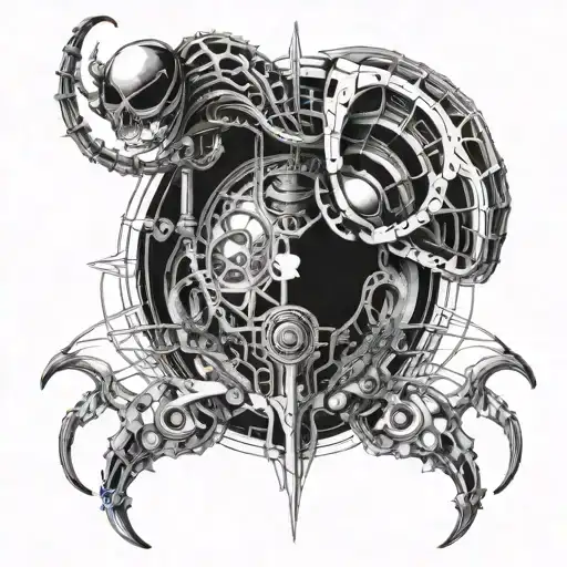 Incorporate elements from Souls-like video games into a biomechanical H.R. Giger inspired design tattoo design idea