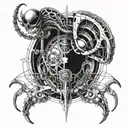 Incorporate elements from Souls-like video games into a biomechanical H.R. Giger inspired design tattoo design idea
