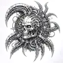 Incorporate elements from Souls-like video games into a biomechanical H.R. Giger inspired design tattoo design idea