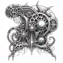 Incorporate elements from Souls-like video games into a biomechanical H.R. Giger inspired design tattoo design idea