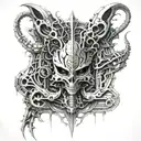 Incorporate elements from Souls-like video games into a biomechanical H.R. Giger inspired design tattoo design idea