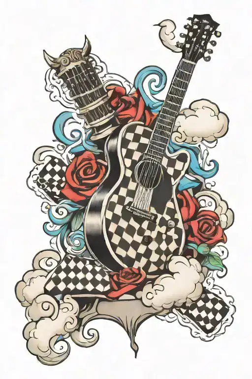 chess board and guitar cloud background tattoo design idea