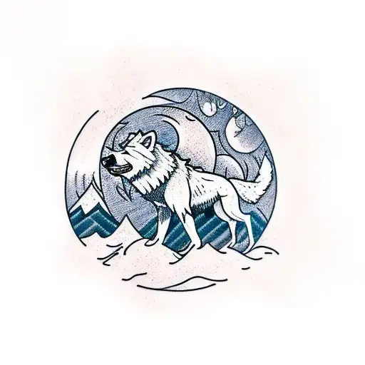 warewolf standing up with a full moon and a mountain in the backgraound tattoo design idea