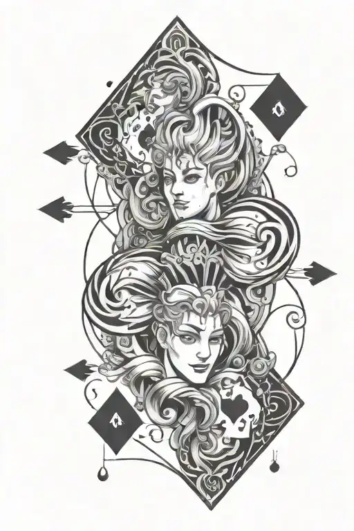 Playing card elements intertwined with Hisoka's distinctive features in a black-grey style tattoo design idea