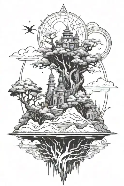 Combine elements from World of Warcraft and RuneScape into a unique fantasy landscape tattoo design tattoo design idea