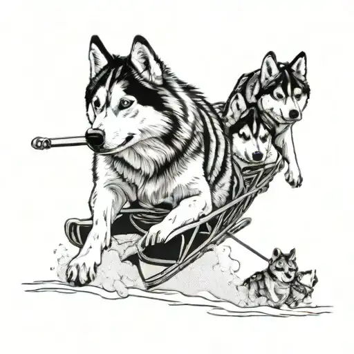 Huskies pulling a sled but  the front most Huskies are wolves breaking loose  tattoo design idea