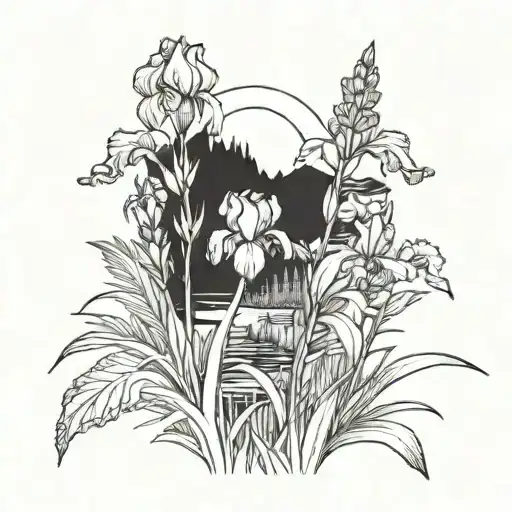 A blackwork tattoo of a serene landscape with an iris garden in the foreground tattoo design idea