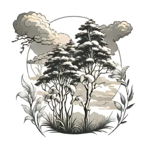A forest landscape with storm clouds gathering above, framed by delicate iris flowers tattoo design idea