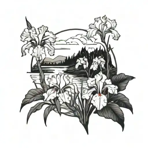 A blackwork tattoo of a serene landscape with an iris garden in the foreground tattoo design idea