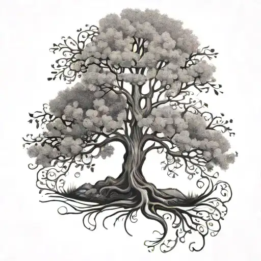A dotwork tattoo of a majestic Gondor tree with iris flowers blooming at its roots tattoo design idea