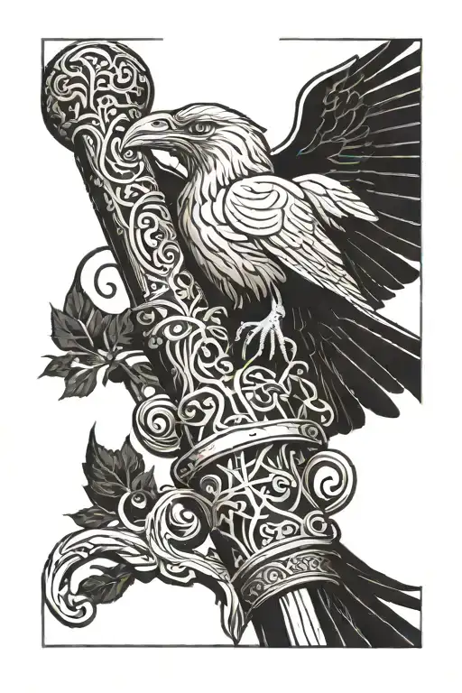 A blackwork tattoo of Gandalf's staff with a raven perched on top, symbolizing wisdom and mystery tattoo design idea