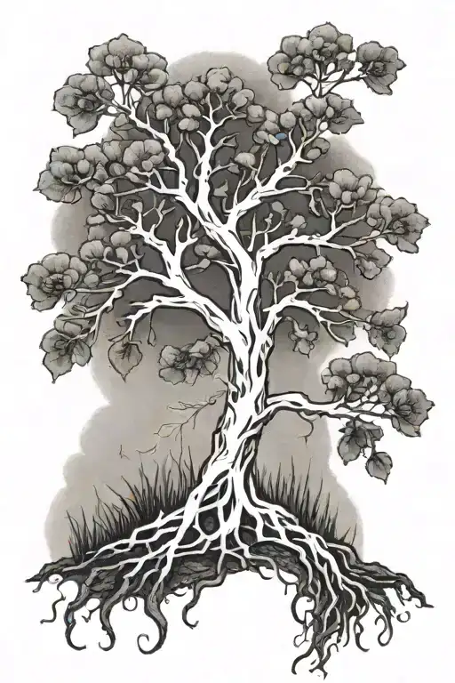 A dotwork tattoo of the White Tree of Gondor with bearded irises blooming at its roots, symbolizing growth and renewal tattoo design idea