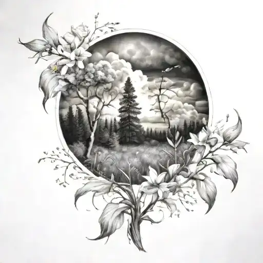 A forest landscape with storm clouds gathering above, framed by delicate iris flowers tattoo design idea