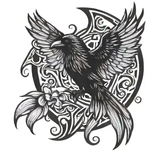 Raven flying holding bearded iris tattoo design idea