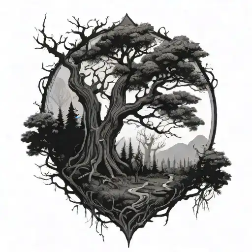 A dark and mysterious forest with hidden references to Lord of the Rings creatures like Ents and Nazgul in the style of black-grey tattoo design idea