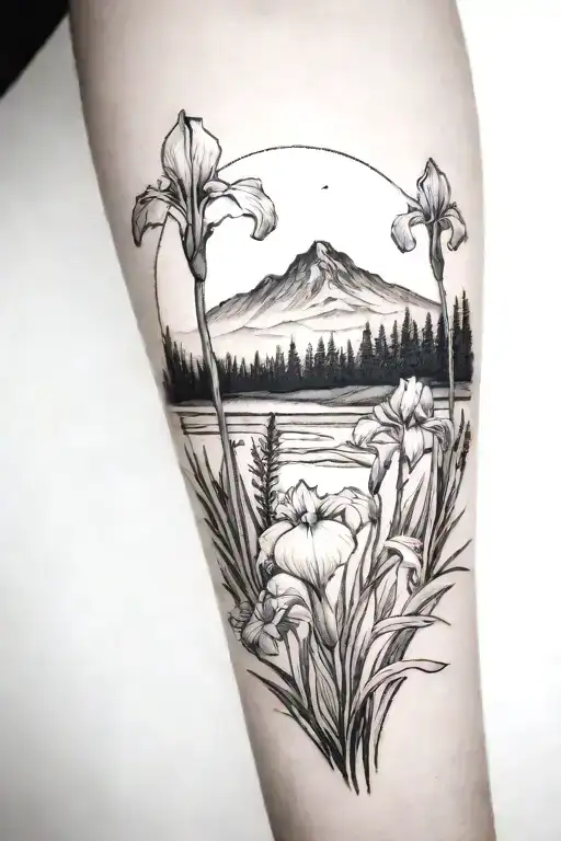 A blackwork tattoo of a serene landscape with an iris garden in the foreground tattoo design idea