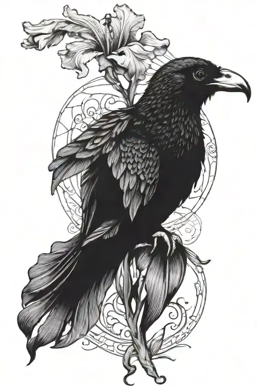 A dotwork tattoo of a bearded iris flower intertwined with a raven, inspired by Lord of the Rings themes tattoo design idea