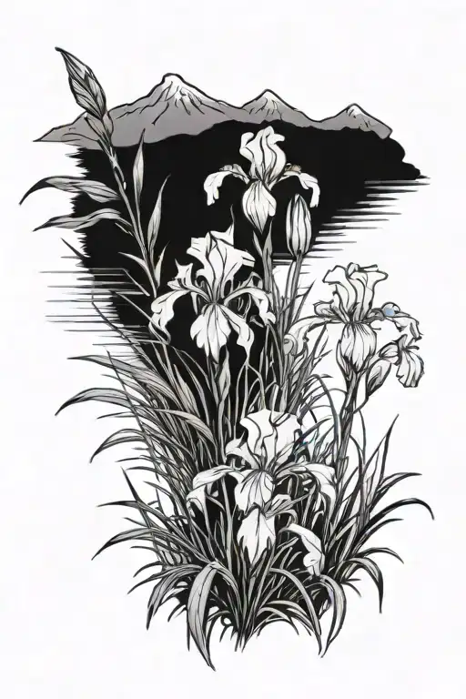 A blackwork tattoo of a serene landscape with an iris garden in the foreground tattoo design idea