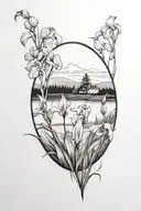 A blackwork tattoo of a serene landscape with an iris garden in the foreground tattoo design idea