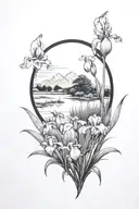A blackwork tattoo of a serene landscape with an iris garden in the foreground tattoo design idea